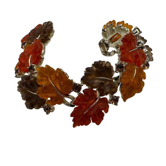 Lisner Leaf Autumn 7" Bracelet Orange Red Brown Rhinestone Fall Jewelry vintage - Picture 7 of 8